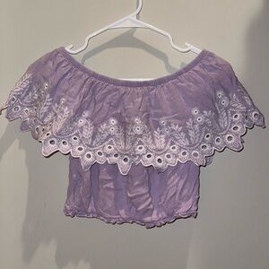 Off the shoulder lavender Belle Du Jour shirt.